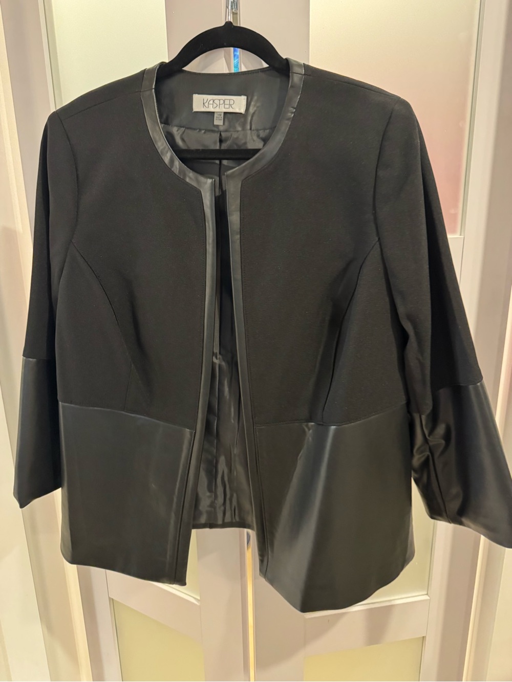 Kasper Black Mixed-Media Collarless Open Front Jacket
